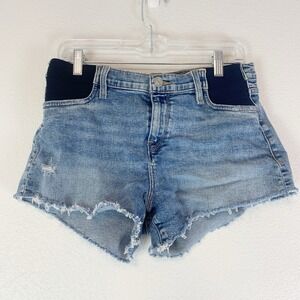 Women’s Blue Denim Short Shorts with Black Elastic Waist Panels